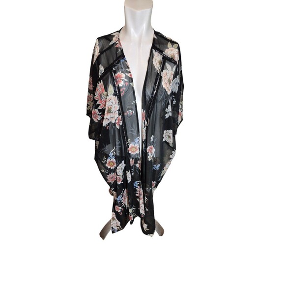 Band of Gypsies Sheer Boho Floral Chiffon Duster Tunic Cardigan Swim Cover sz M - Picture 1 of 7